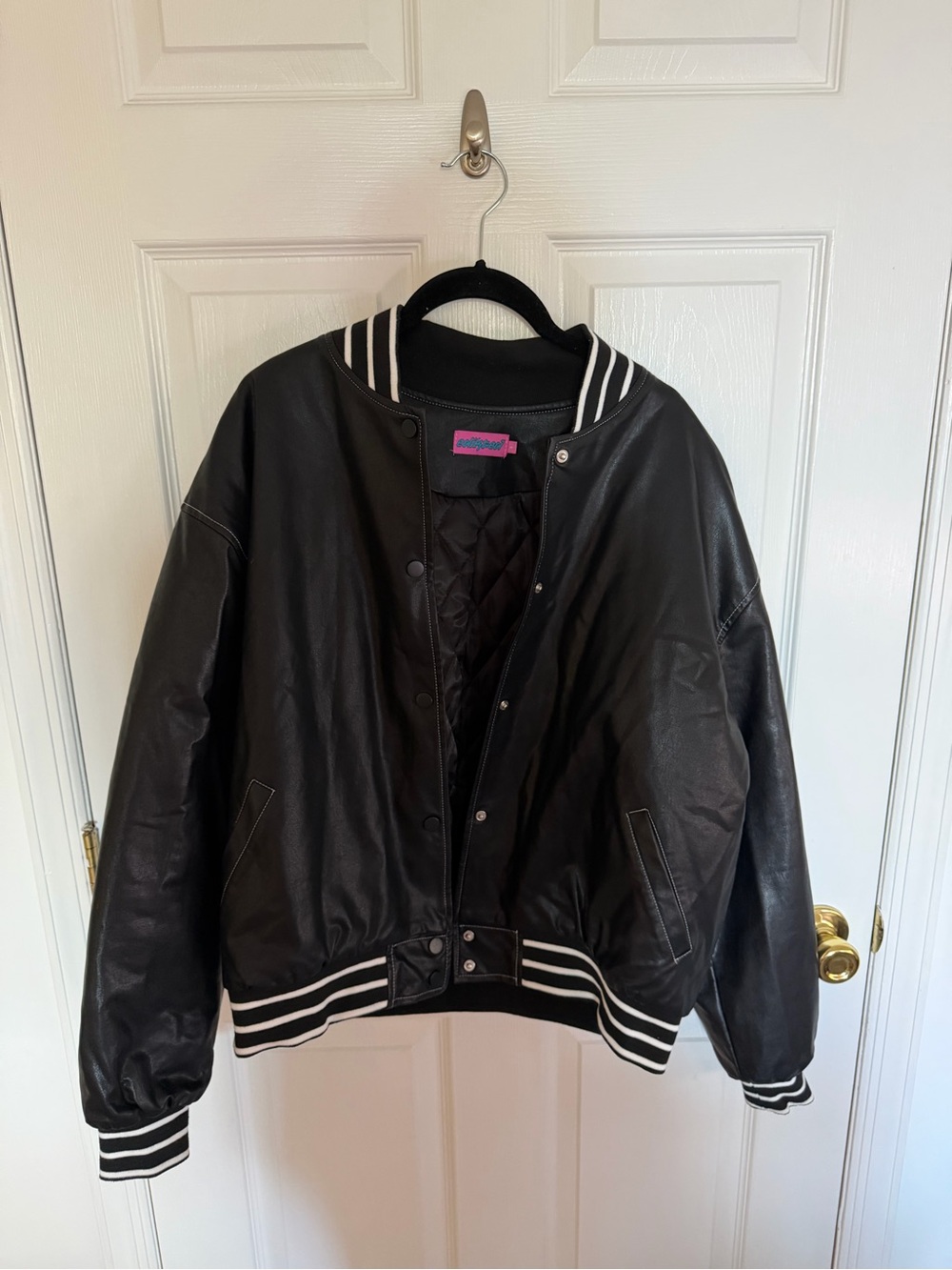 Edikted Black Bomber Jacket w/ White Striped Trim Los Angeles Embroidery